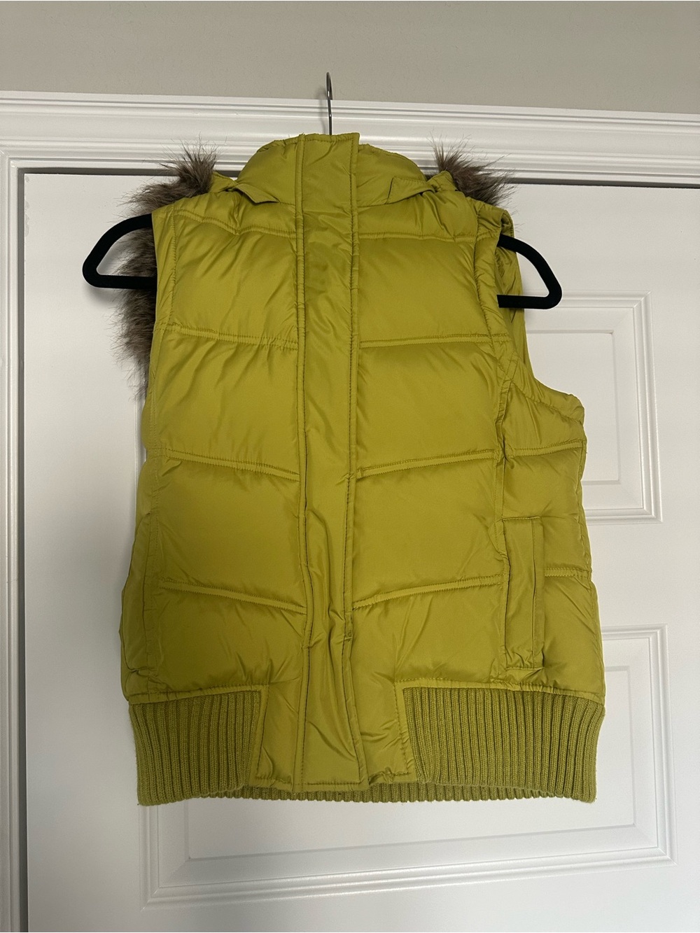 GAP Chartreuse Puffer Vest with Faux Fur Trim